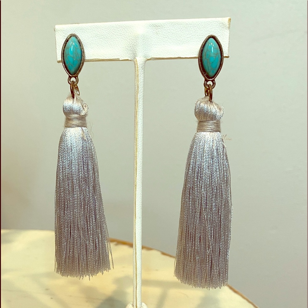 Turquoise with Silver Silk Tassel Earrings